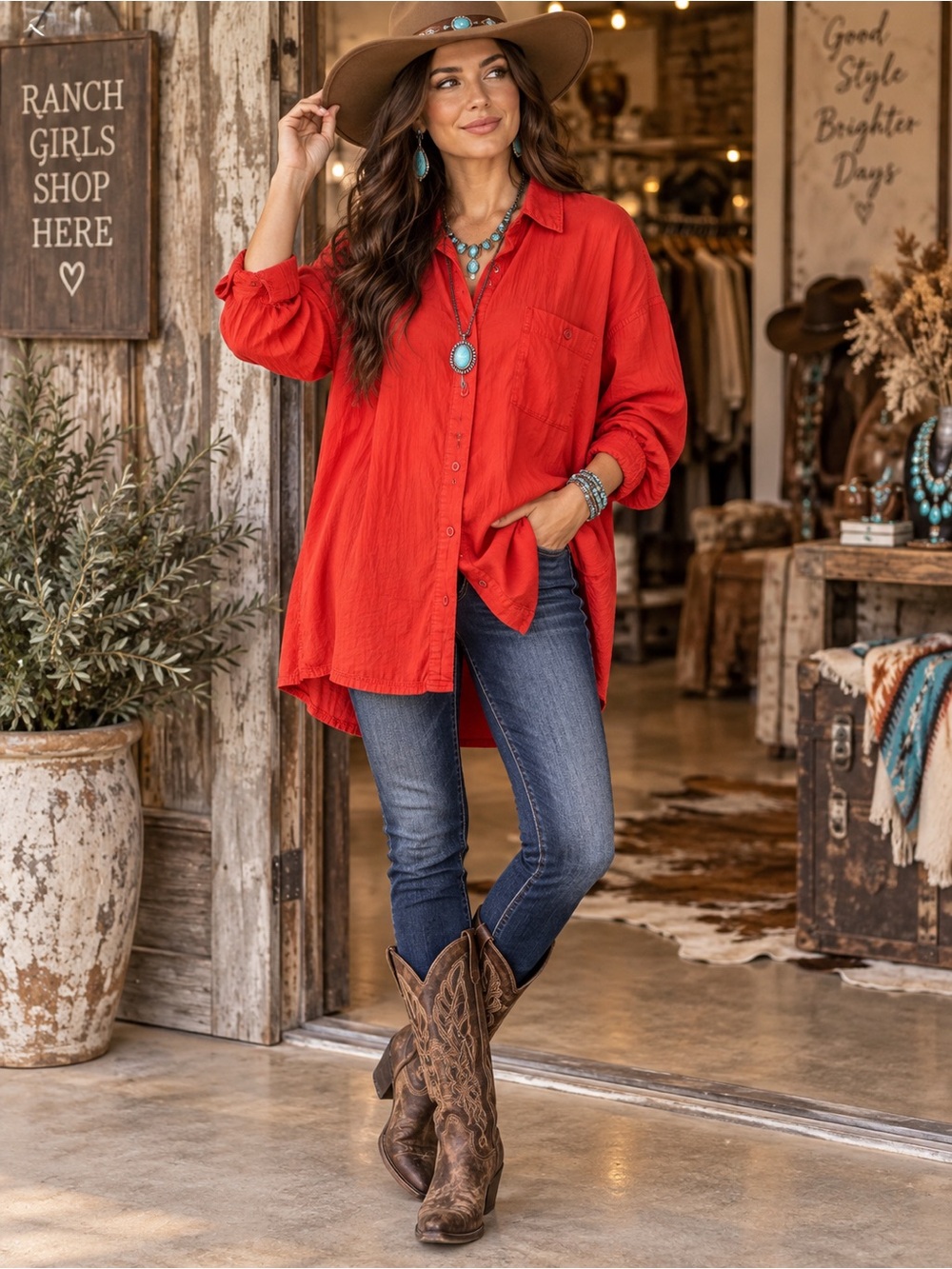 We The Free Oversized Button Down Shirt Red Sz XL